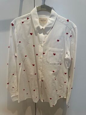Sezane White Button-Down Shirt with Red Heart Print